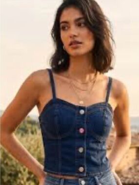 Denim Button-Front Crop Top - Navy Blue